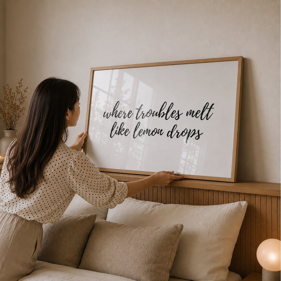 Woman adjusting a framed quote above a bed in a cozy bedroom.