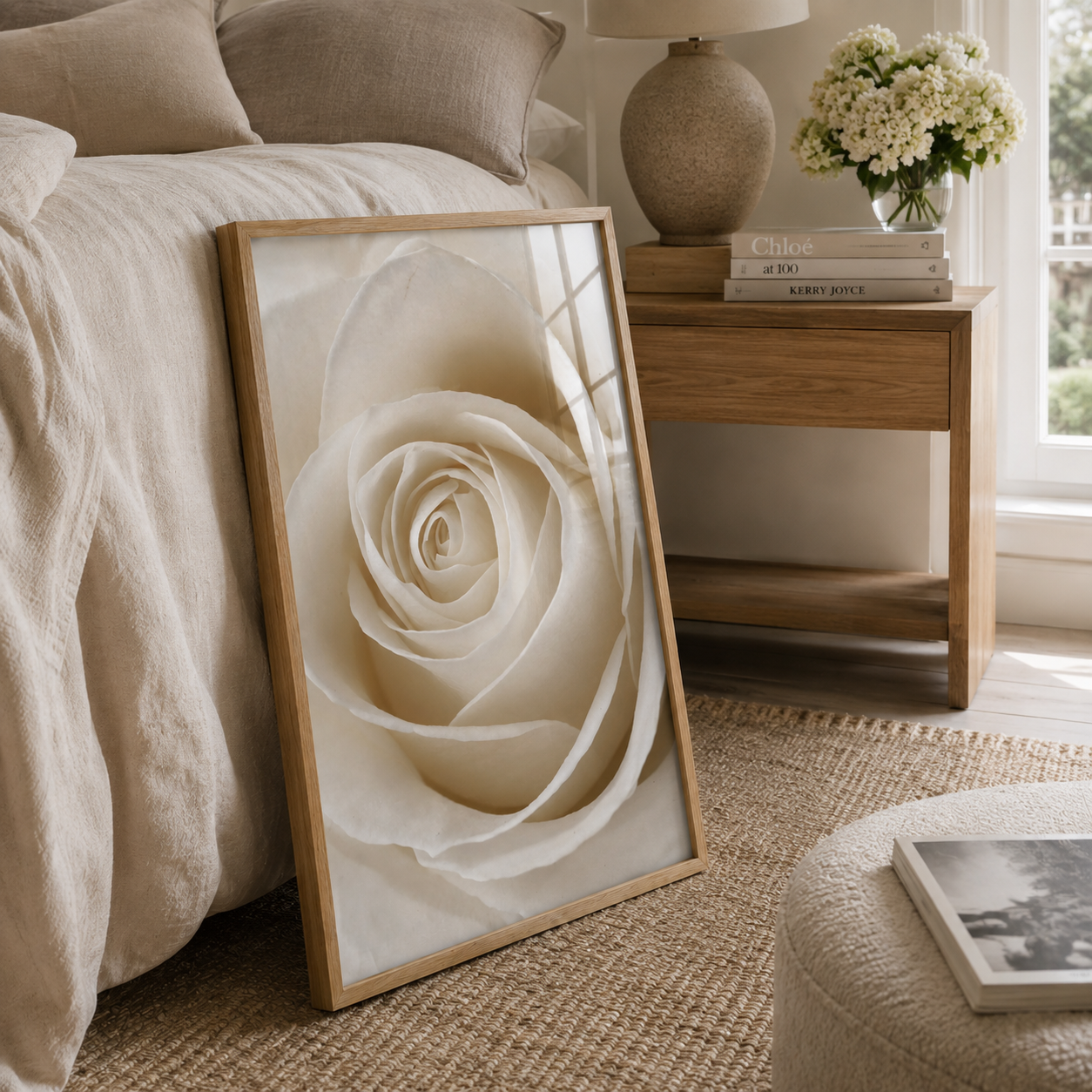 A large framed art print of a cream-colored rose leaning against a bed in a softly styled bedroom. The print is housed in a light natural wood frame and is positioned next to a wooden nightstand with a lamp and flowers.