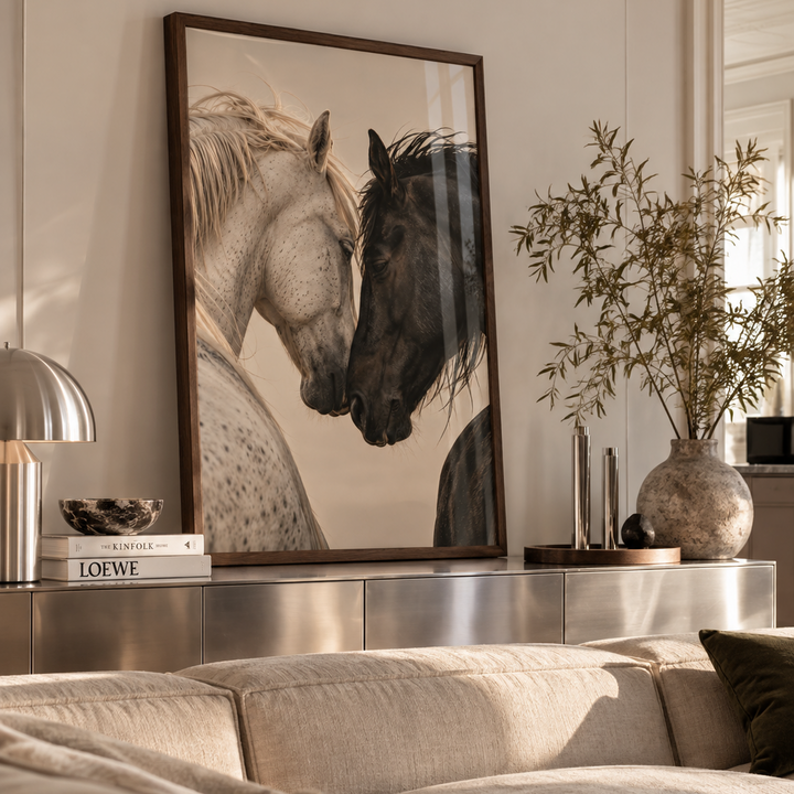 A large framed art print depicting a white spotted horse and a black horse nuzzling, styled in a modern living room above a metallic console table and a beige sofa.