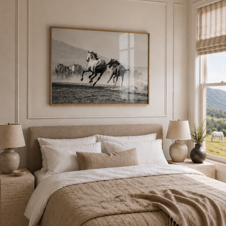 A styled luxury bedroom interior featuring a large oak framed black-and-white horse print centered above a bed with beige bedding, travertine nightstands, lamps, and a window with a beige roller shade.