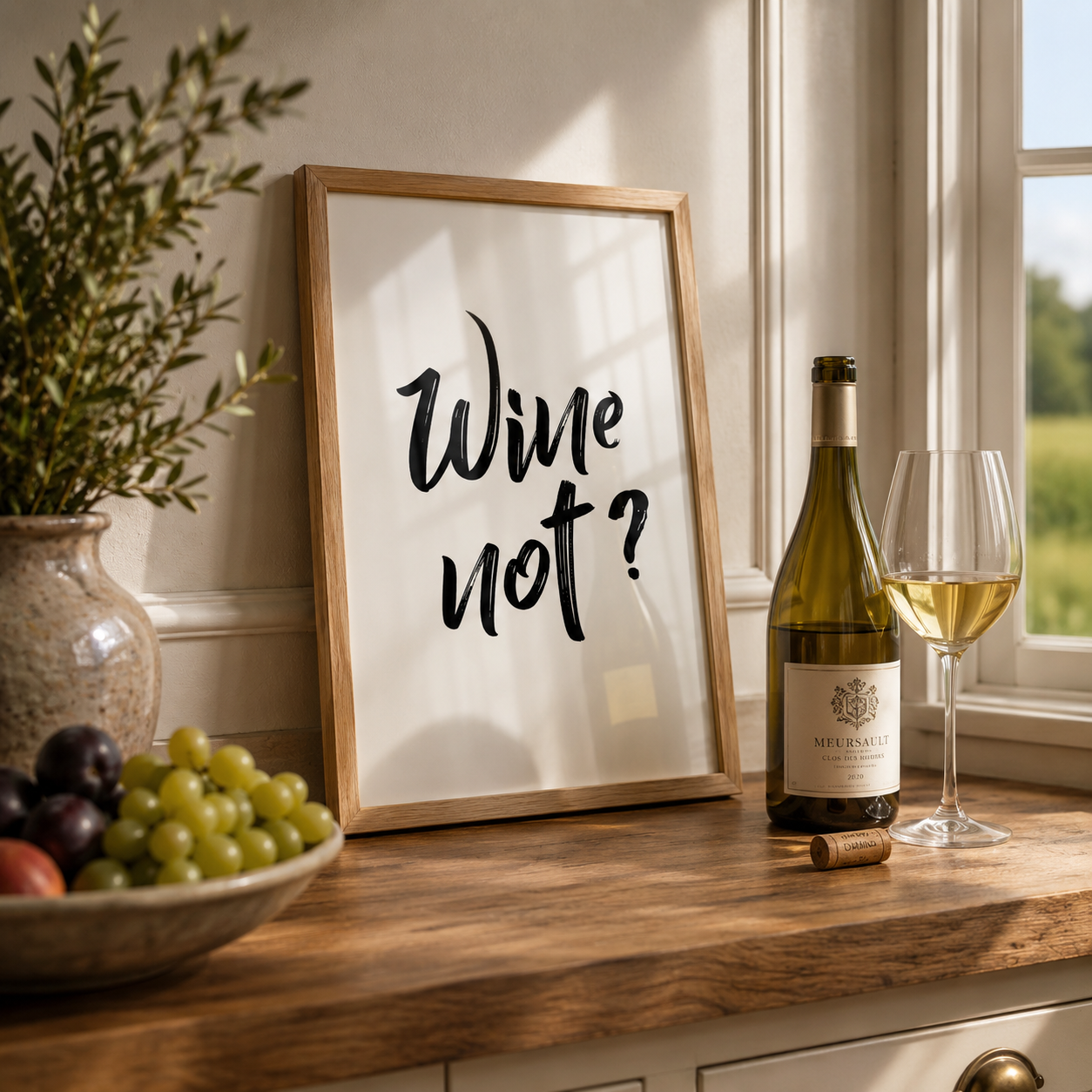 Wine bottle, glass, and 'Wine not?' sign on a wooden surface with a window in the background.