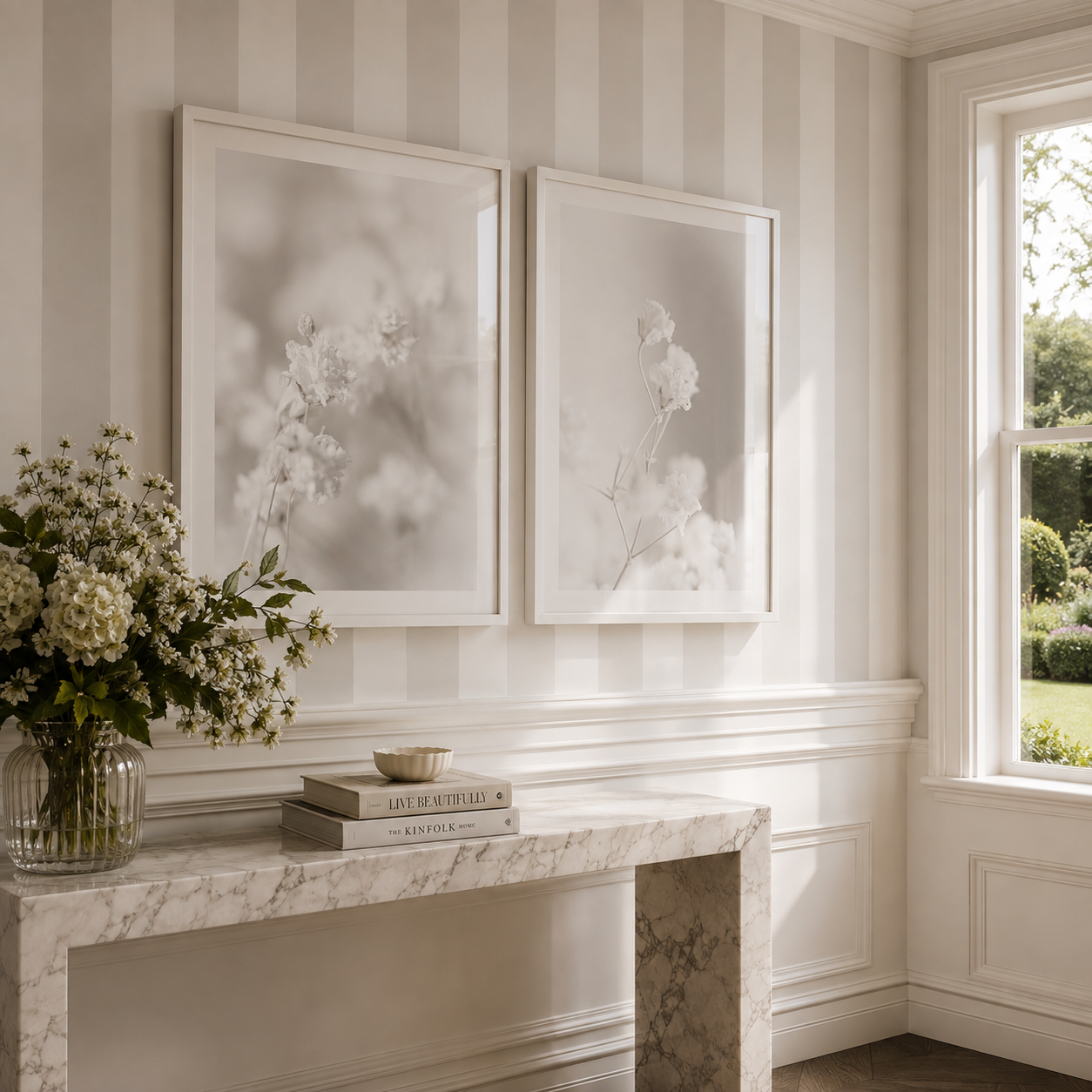 Luxury white botanical wall art in hallway with wtriped wall paper and panelling. 