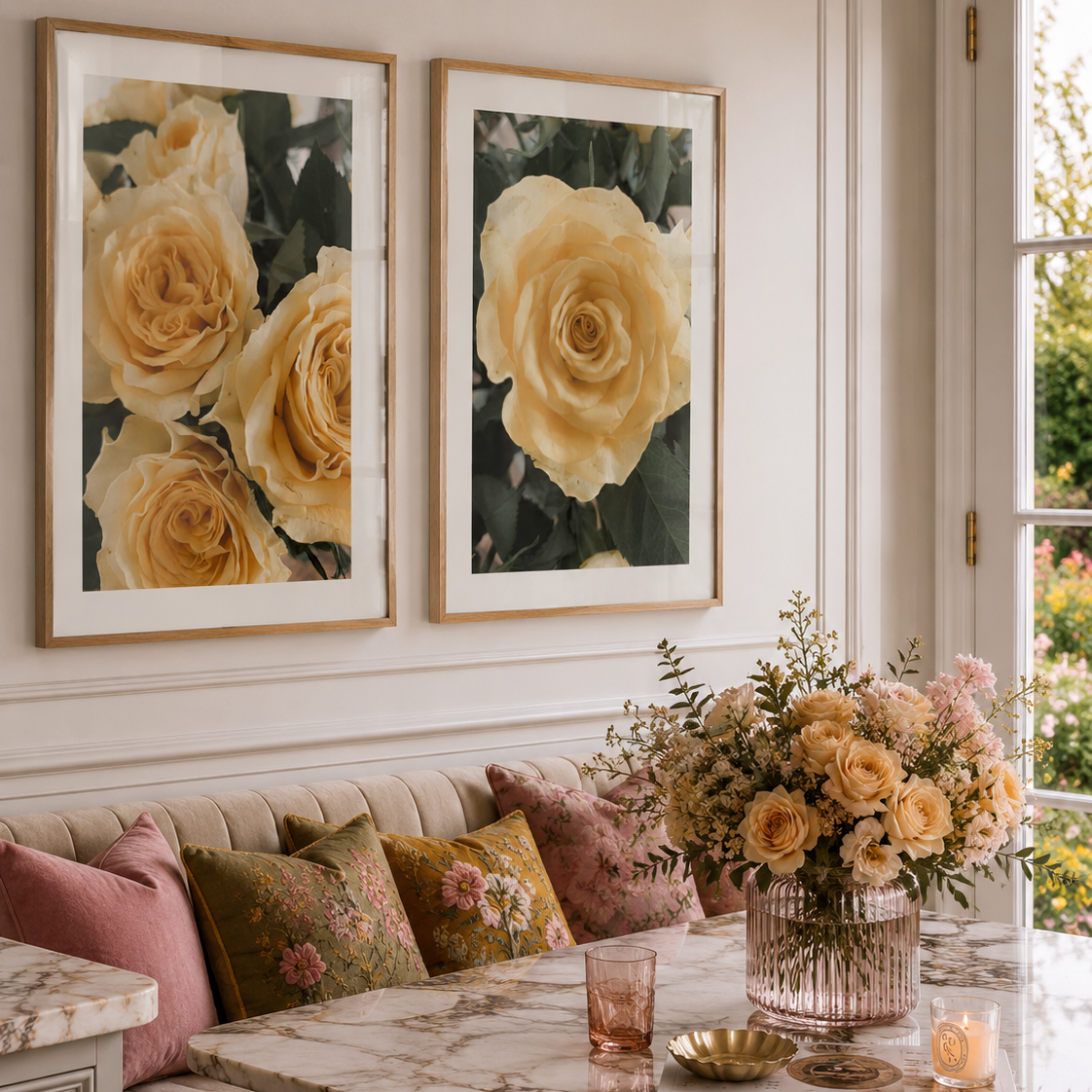 Two framed floral art prints featuring large cream roses hang on a white paneled wall above a tufted sofa with pink and floral throw pillows in a styled dining or living room setting.