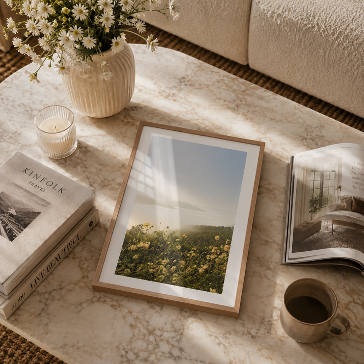 framed art of yellow field of flowers 