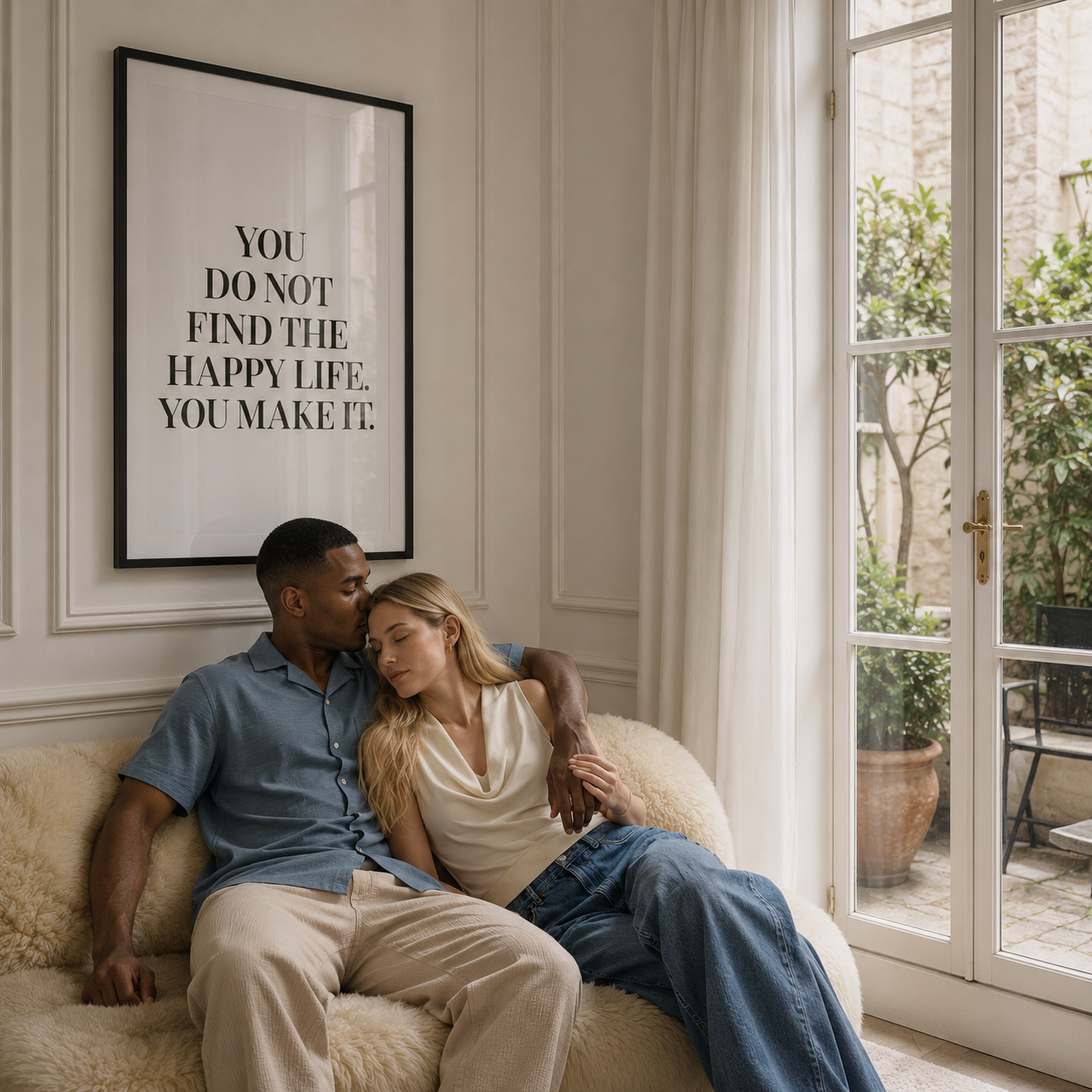 A couple relaxes on a cream sheepskin sofa in a bright, elegant room. On the wall above them hangs a black-framed typographic art print that reads, 'YOU DO NOT FIND THE HAPPY LIFE, YOU MAKE IT.
