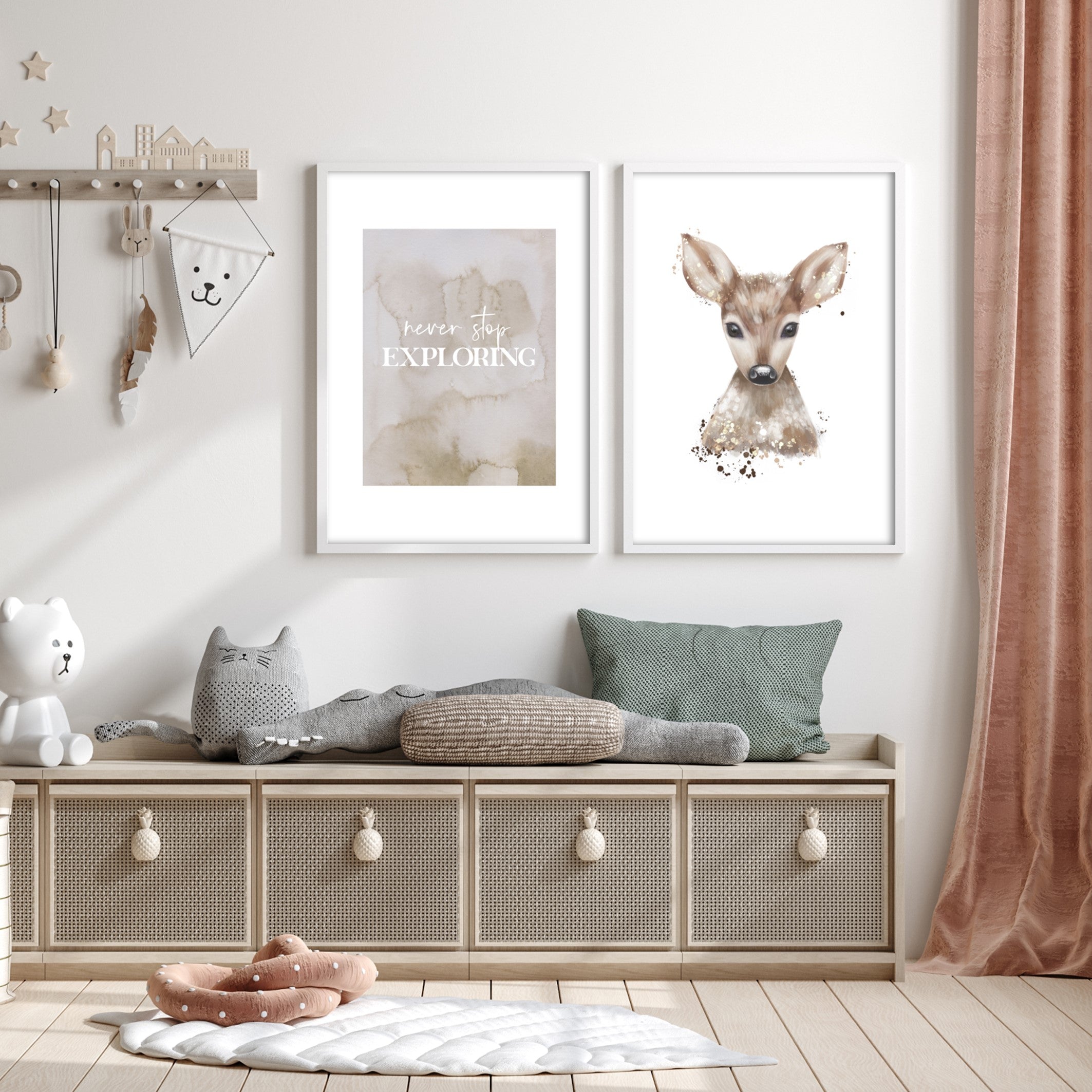 Neutral typography never stop exploring poster for nursery