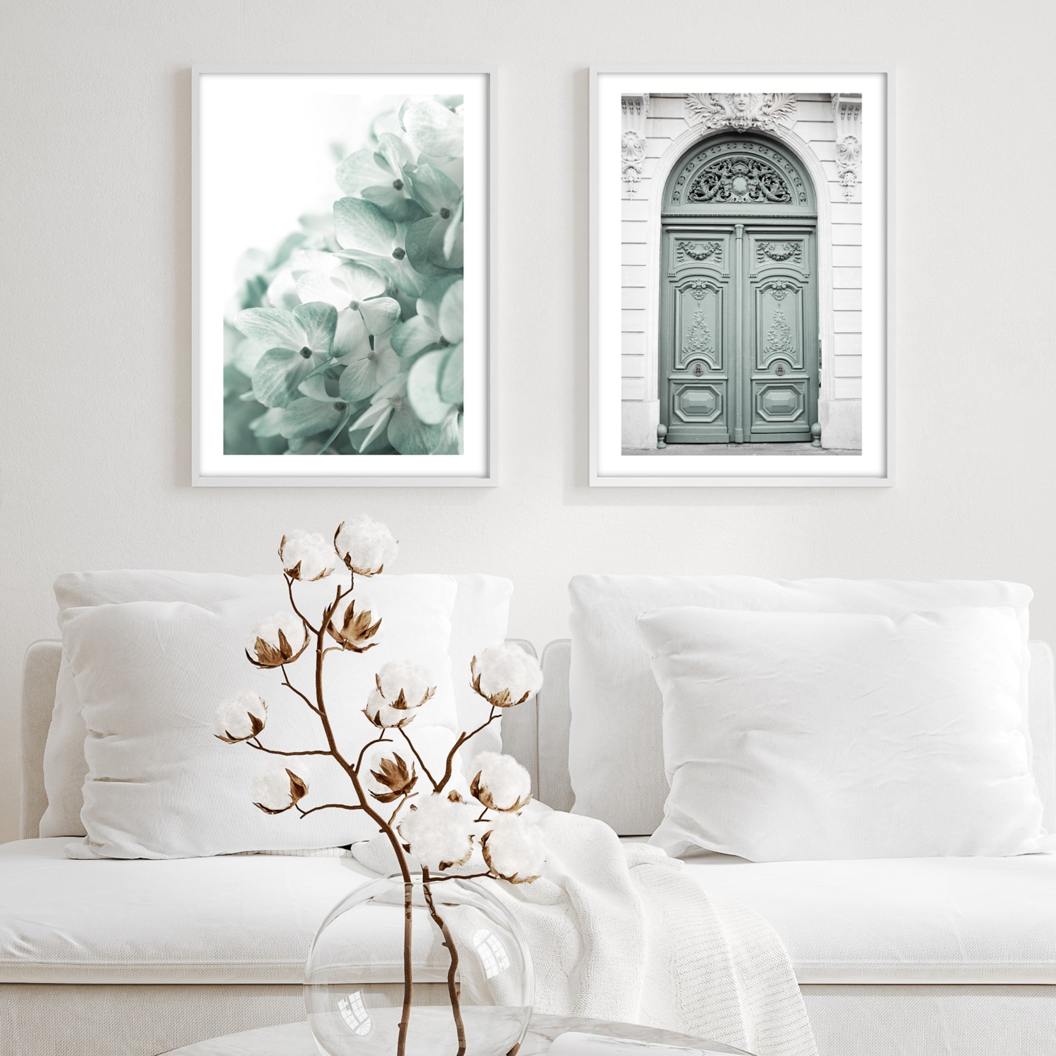 serene green wall art in a neutral white living room