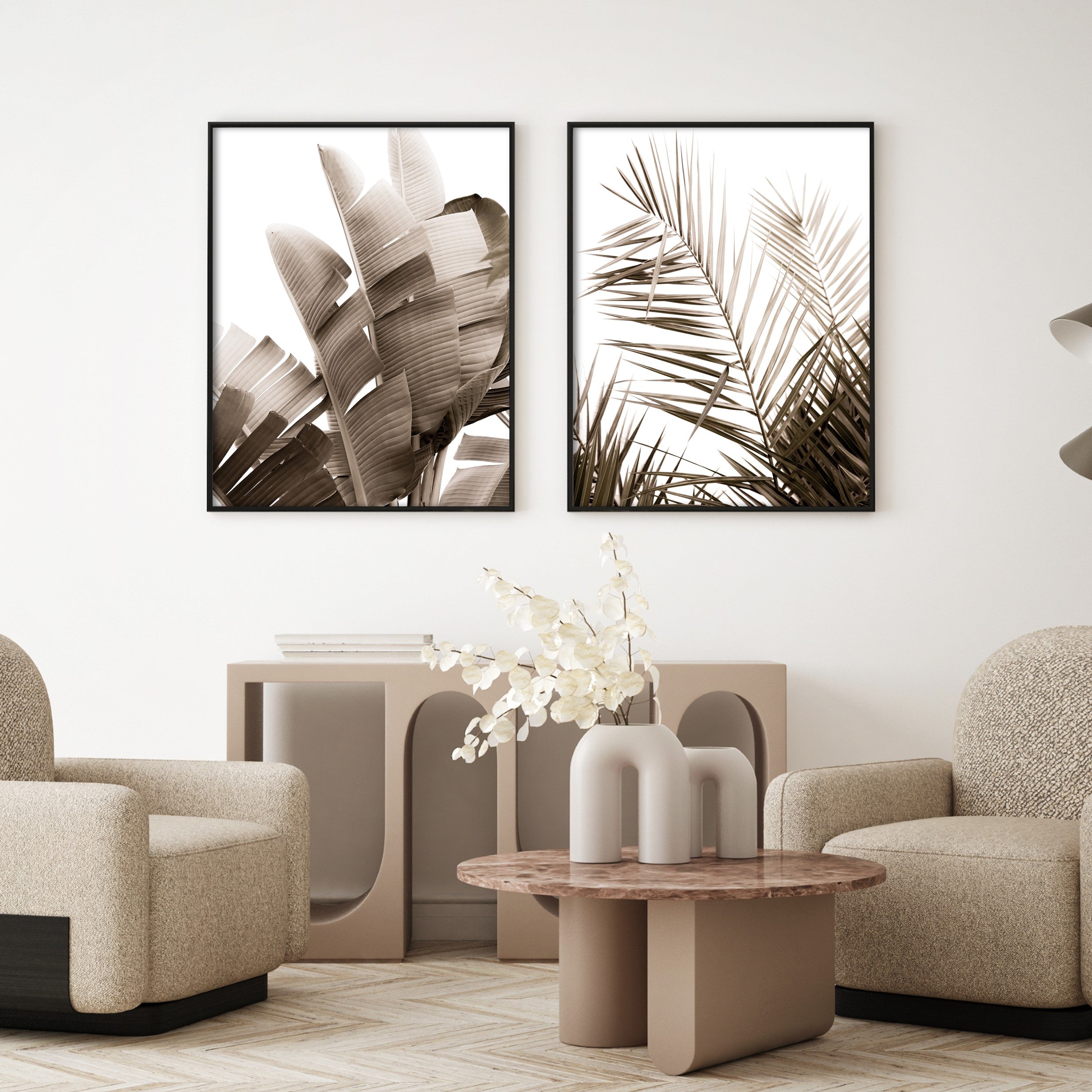 neutral palm leaves wall art