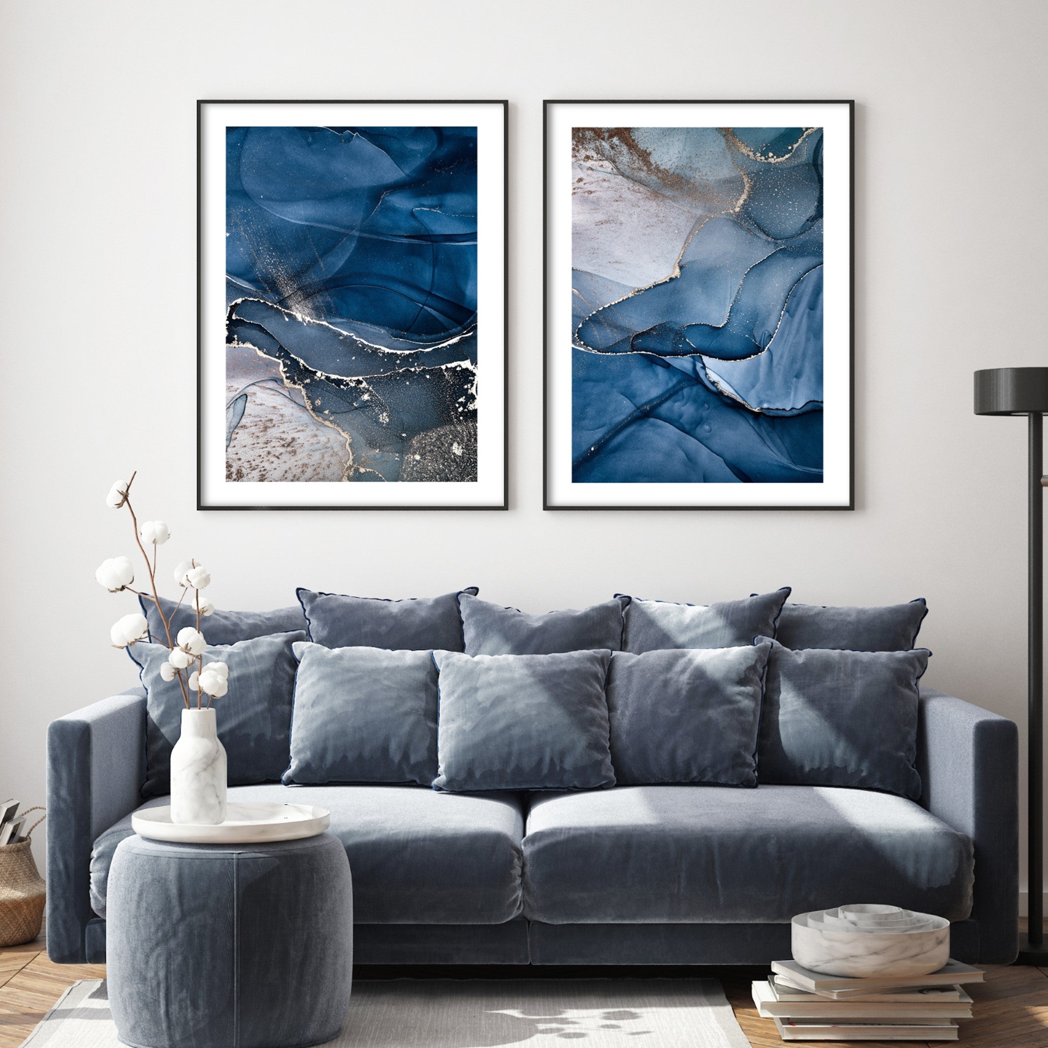 blue coloured luxury wall art in living room
