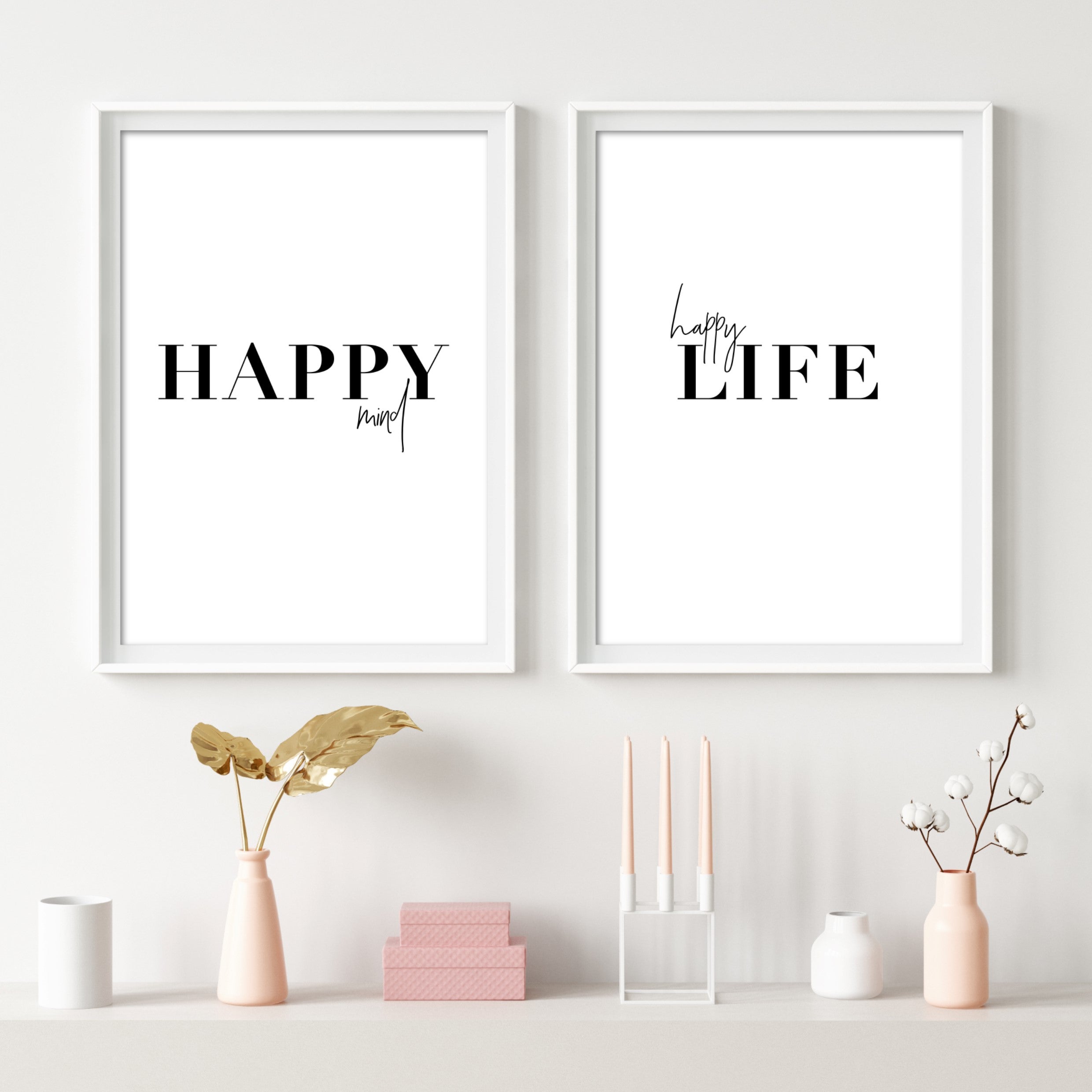 Print poster wall art happy mind happy life set