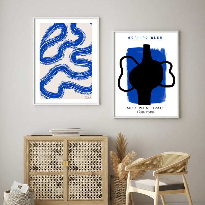 bold blue wall prints in modern boho home