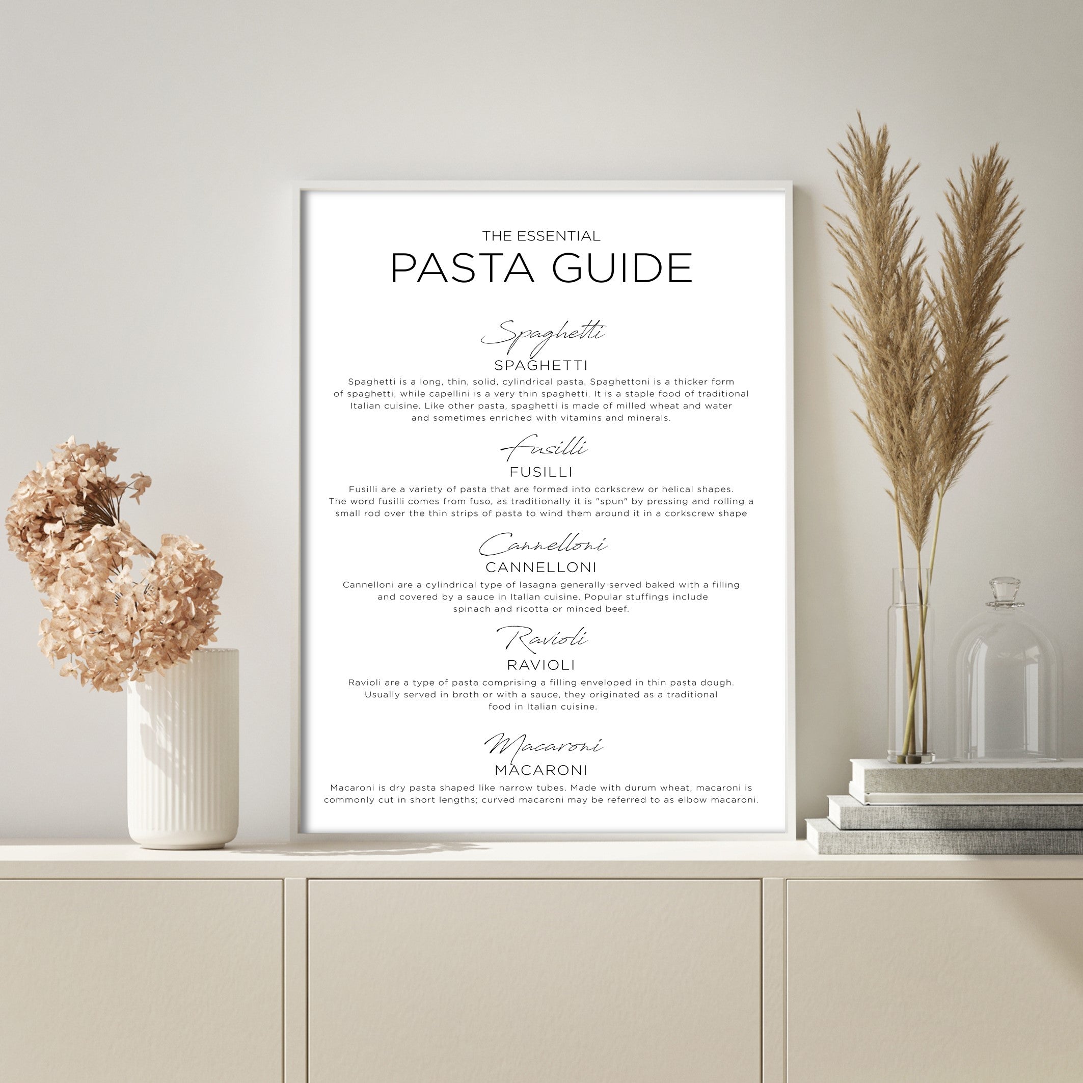essential pasta guide wall art in neutral kitchen