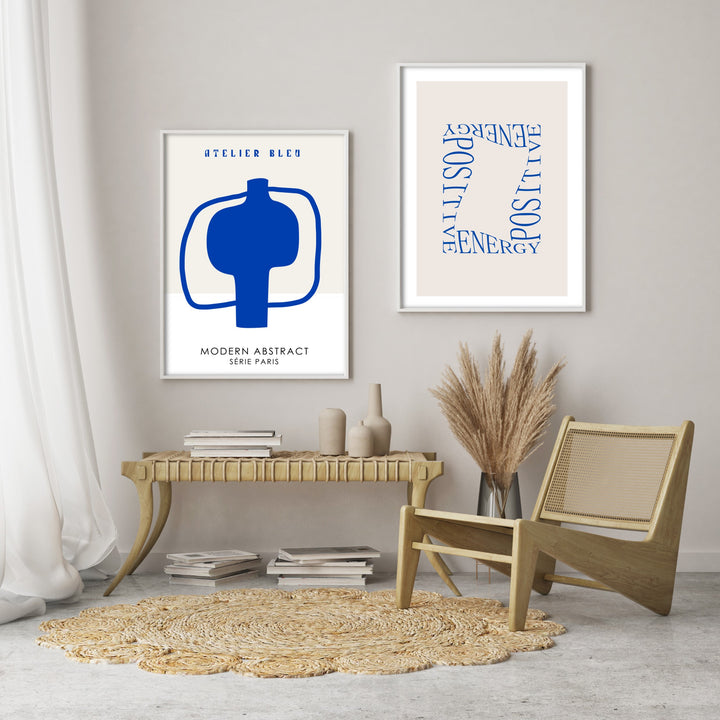 stylish blue wall art in neutral boho style home