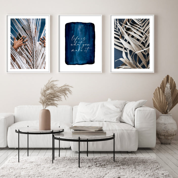 blue wall prints in neutral living room