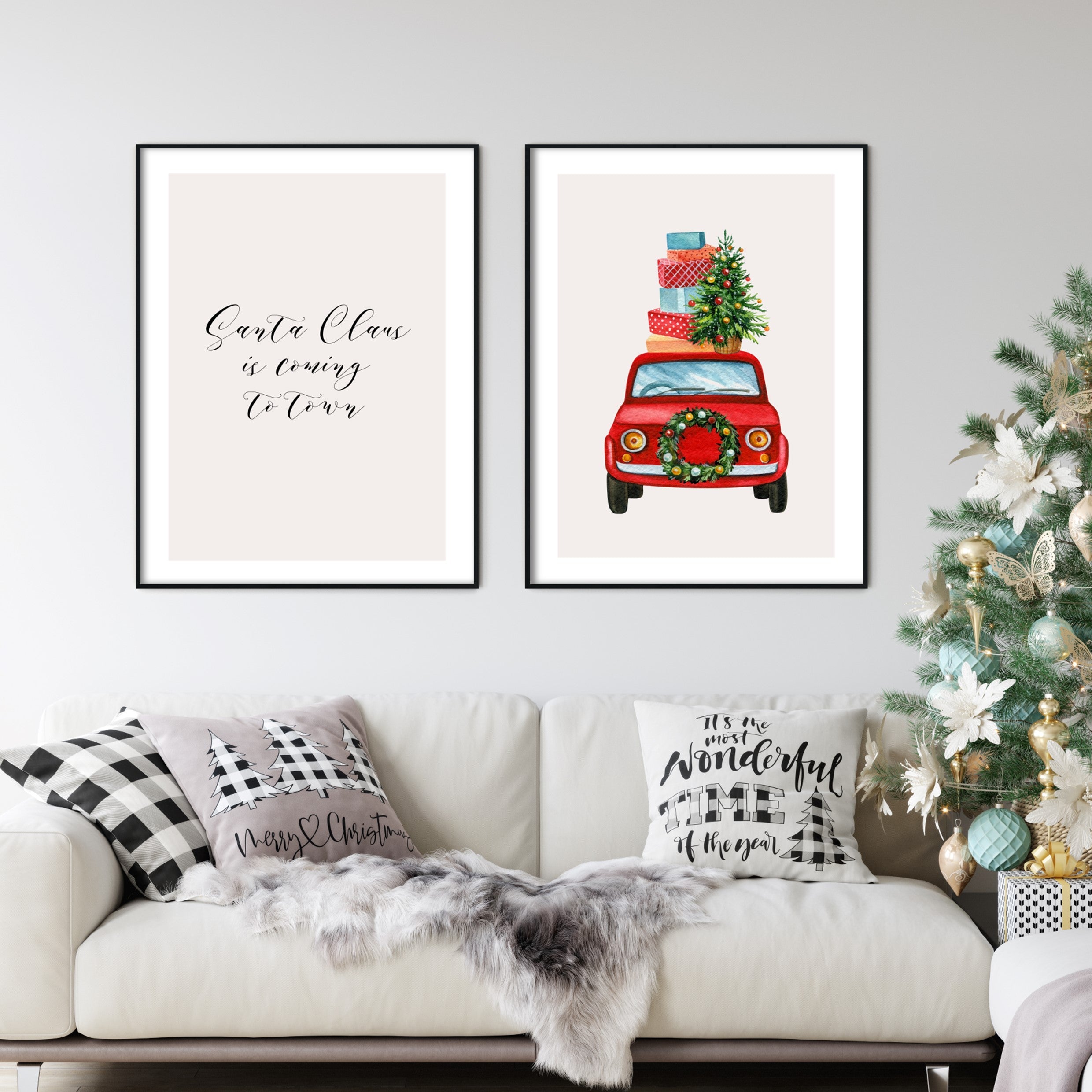 christmas themed wall art in modern living room