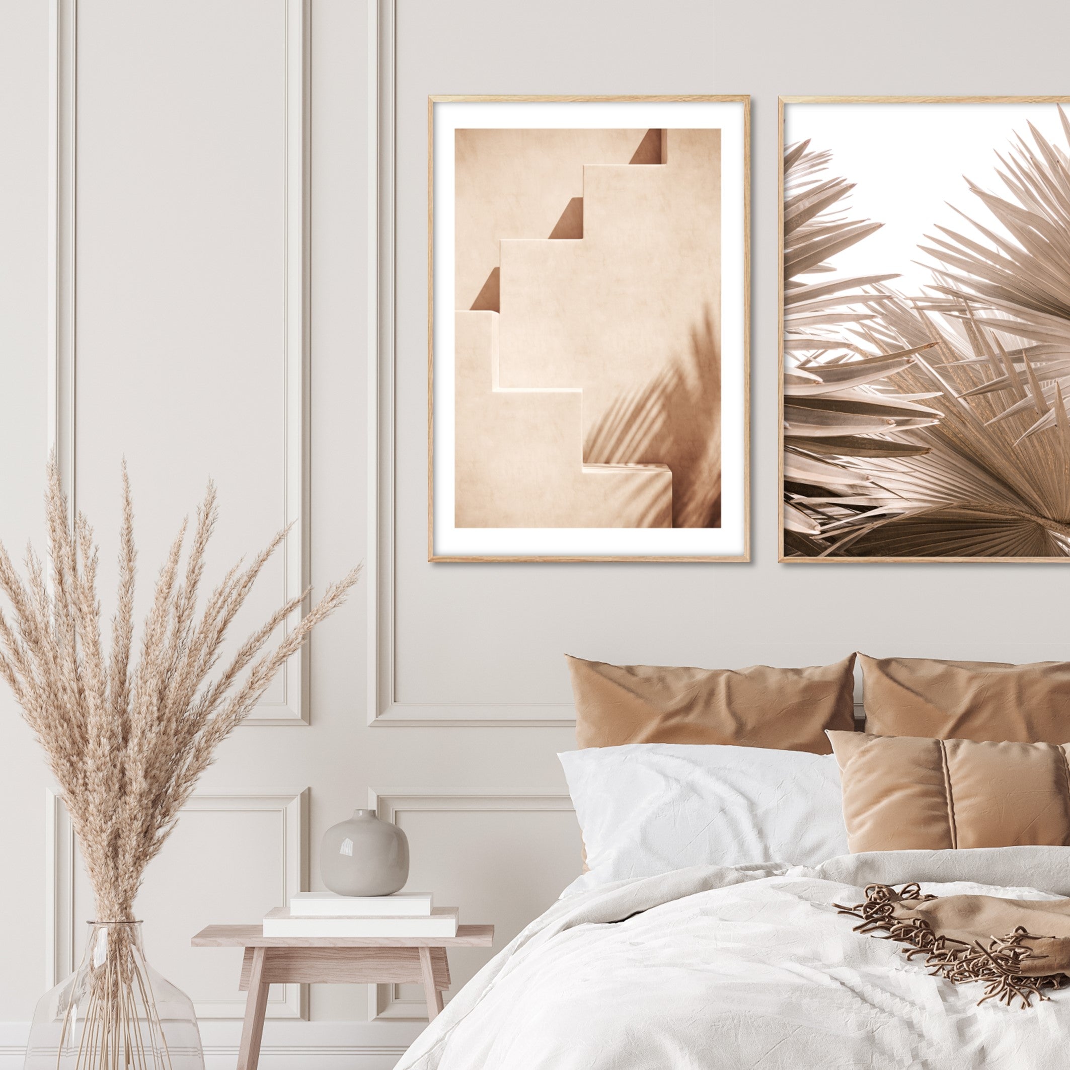 Boho bedroom beige posters in natural oak A2 wood poster frames