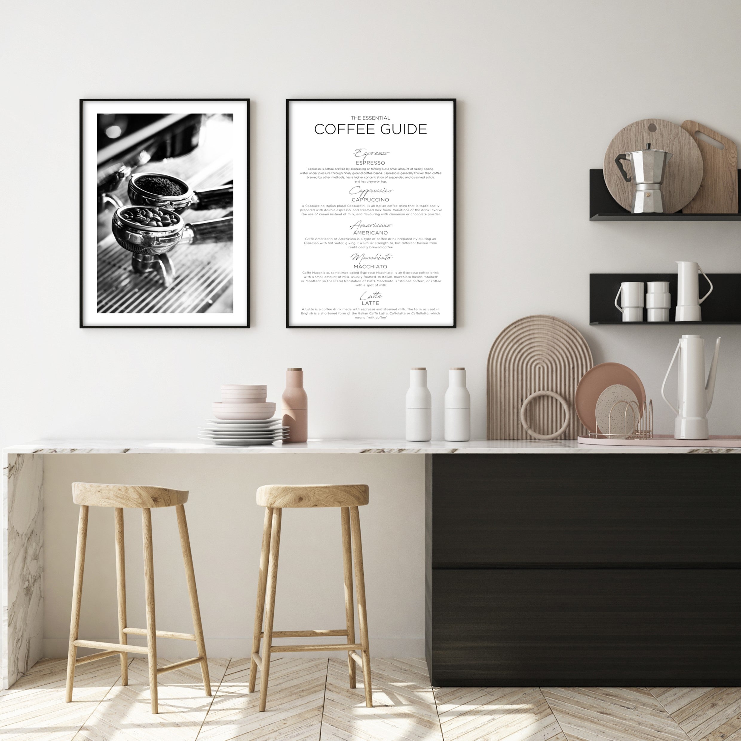 black and white coffee wall prints in boho kitchen