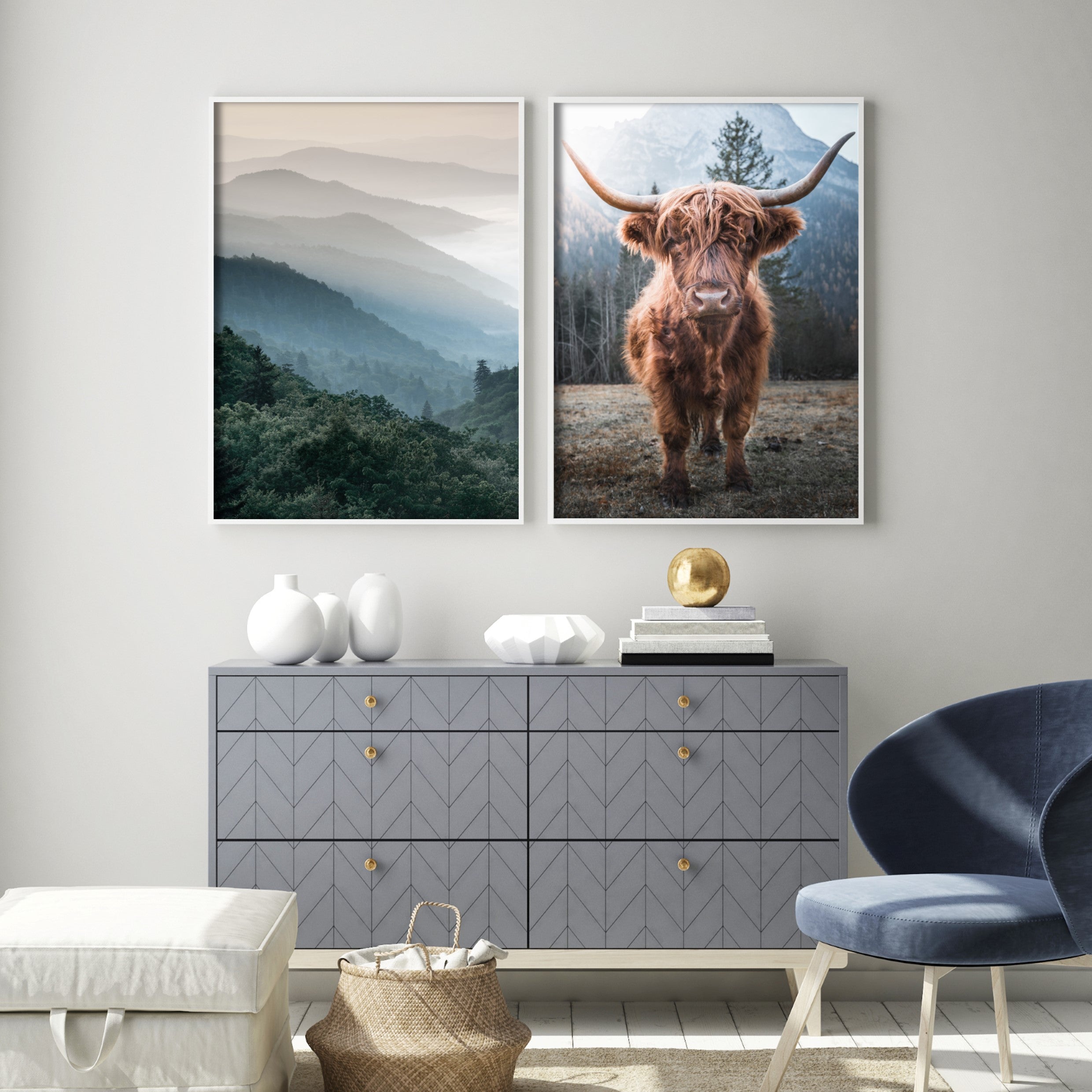 mountain nautre wall art set in blue living room