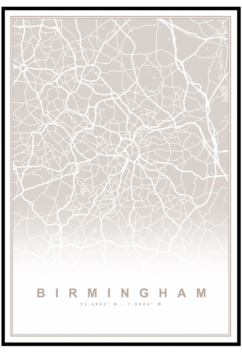 Neutral Birmingham Map Wall Art